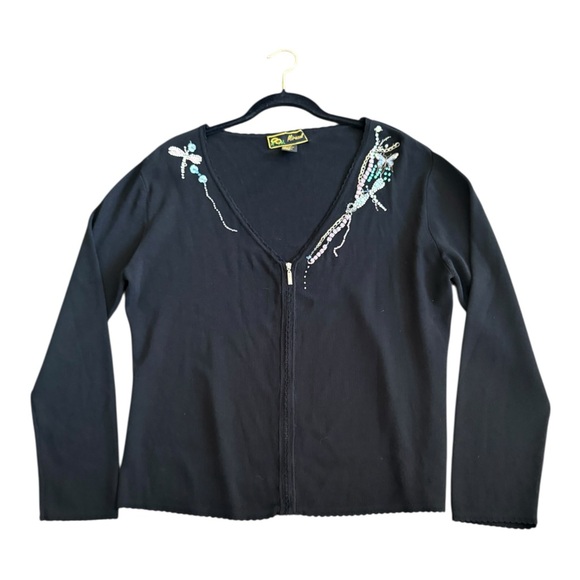 Vintage Black Cardigan Sweater Size XL Rhinestone Embroidered Dragonfly - Picture 7 of 17
